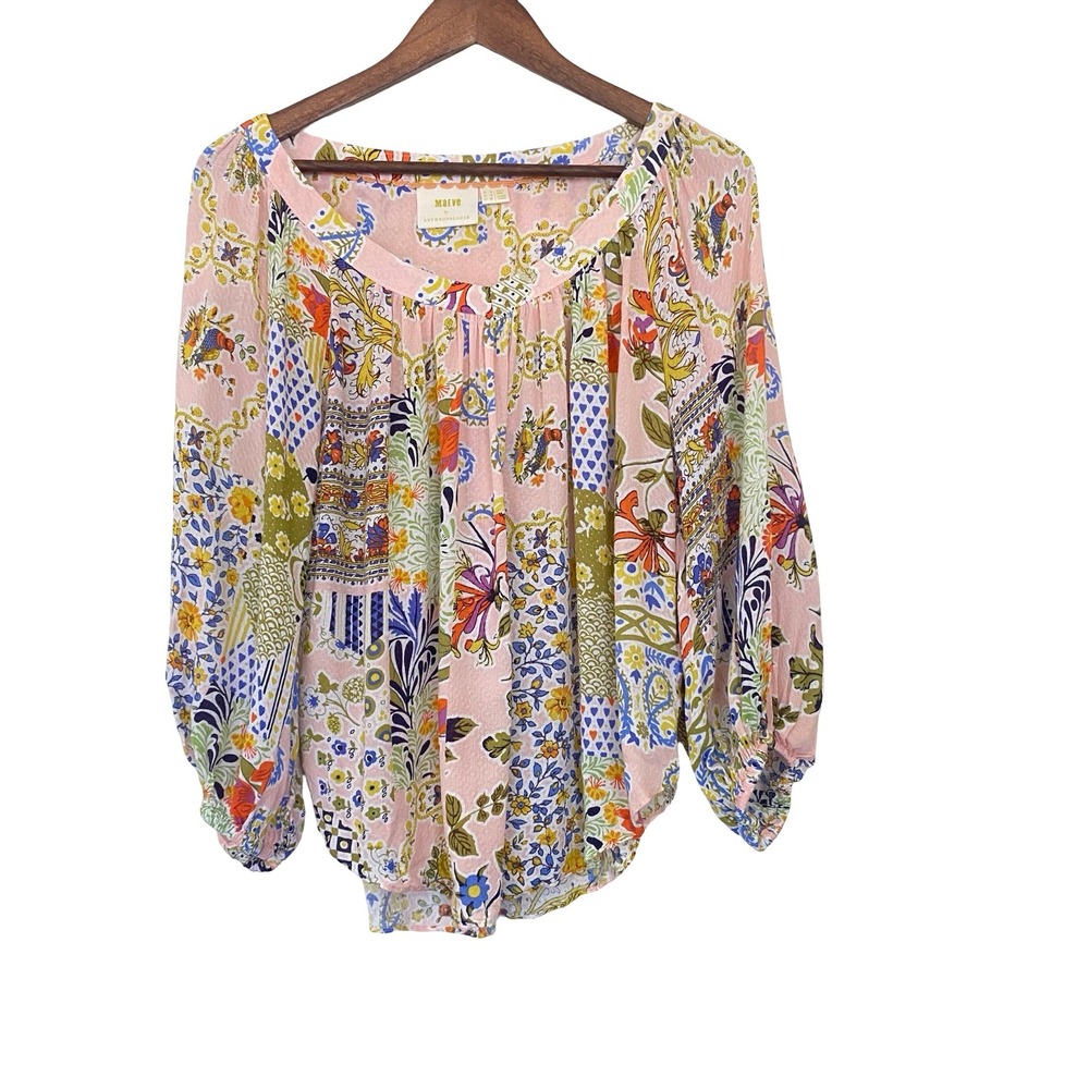 Maeve Anthropologie Women Blouse 2 Pink Floral Patchwork Balloon Sleeve Boho Top